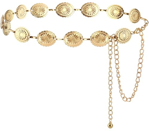 Lunhoo Western Metal Concho Belt, Adjustable Women Boho Chain Belts for Dresses Jeans Skirts (Gold)