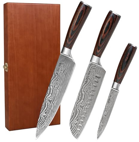 LIN ZHI REN Kitchen Knife Set, High Carbon Stainless Steel Kitchen Knives, 3 Piece Chef Knives Sets with Ergonomic Handle, Cooking Knives Come with Wooden Box