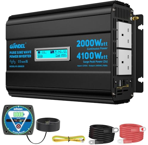GIANDEL 2000W Pure Sine Wave Power Inverter DC 12V to AC 240V 4000W Surge Peak Power for 2 Seconds with LCD Display Type-C PD30W Voltage Adjustable for Motorhome Solar Truck Camping boat