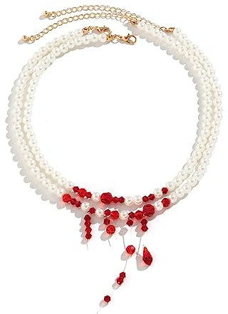 Ulalaza Tropfendes Blut Kunstperlen Halskette Vampir Halsband Accessoire für Frauen Gothic Vintage Rollenspiel Halloween Party Perlenschmuck