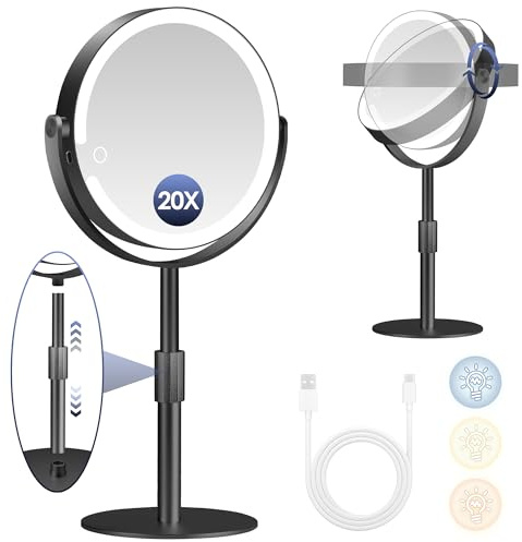B Beauty Planet Makeup Mirror with Light 20X/1X, Height Adjustable Magnifying Mirror with 3 Color Lights, 360°Rotation and Detachable, Suitable for Bathroom/Bedroom, with tweezers (Black)