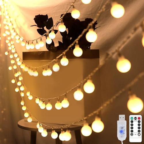 BIGZOM 100LEDs Globe Guirlande lumineuse, 11M intérieur Décoration USB Guirlande lumineuse blanc chaud, 8 modes et fonction minuterie pour décoration de Noël,balcon,tente de fête,tente camping