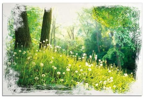 Wallario Wandbild aus Holz Pusteblumen im Wald mit einfallenden Sonnenstrahlen - 60 x 90 cm in Premium-Qualität: Brillante Farben