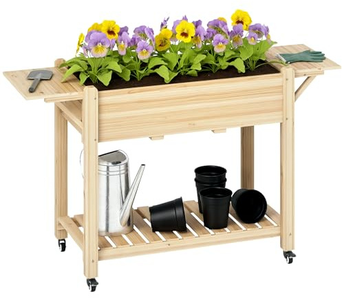 Outsunny Huerto Urbano de Madera Mesa de Cultivo con Ruedas Estante y Repisas Plegables Jardinera Elevada para Cultivo Flores Vegetales en Jardín Terraza 145x52x86 cm Natural