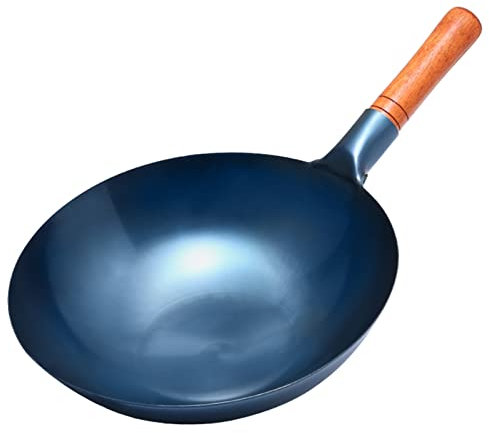 Wok in ferro martellato a mano, fondo rotondo, antiaderente, padella in ghisa con manico in legno, 36 cm, essenziale per cucinare in cucina
