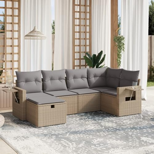 IKAYAA 6-TLG Balkon Lounge Gartenlounge Klein Rattan Sofa Balkonsofa Kleiner Balkon Sitzecke Balkon Loungemöbel Gartensofa Ecksofa Beige und Grau Type-21