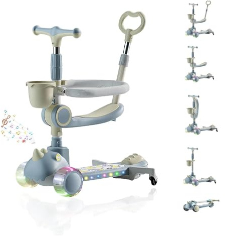 NMM Patinete infantil 3 en 1 | Patinete con función de asiento | Patinete infantil con espectáculo de luz musical | Patinete infantil a partir de 2, 3, 4, 5 años | Patinete infantil plegable con cesta