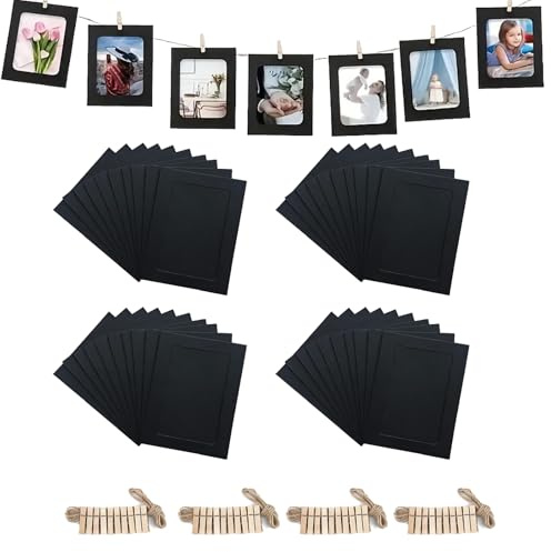 Hexizexi 40 Stk 7 Zoll Papier Bilderrahmen 13.5x18.5cm Schwarz Fotogirlande | Fotogirlande mit 40 Holzklammern und 4 Rollen Hanfschnur Fototaschen zum Aufhängen für Geburtstage Hochzeiten Wanddekoration