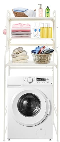 Desnysmf Adjustable Laundry Room Shelf, Expandable Over Toilet Washing Machine and Dryer Storage Rack, Laundry Room Storage and Organizer Standing Shelf, with Hooks & Anti-slip Mats, White
