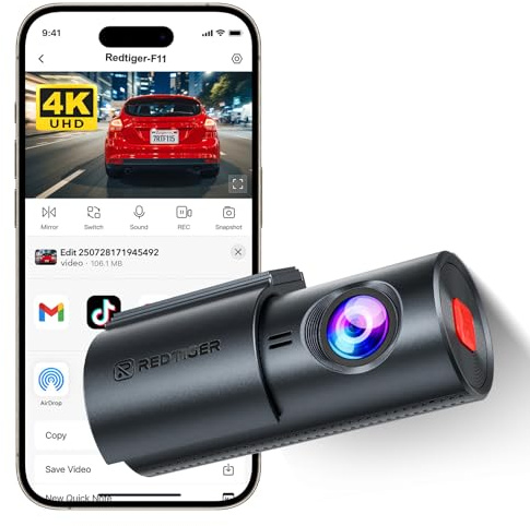 REDTIGER 4K Dashcam Coche Frontal,5.8G WiFi,Camara Vigilancia para Coche con Visión Nocturna,WDR, Modo de Aparcamiento 24H,Grabación en Bucle,Instalación en Dos Pasos