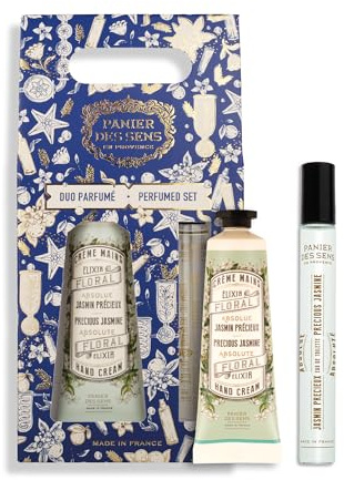 Panier des Sens - Mother’s Day Gift Set for Mum - Jasmin Duo - Elegant Beauty Duo - Mini Hand Cream & 10ml Eau de Toilette Roll-On - French Perfumery Fragrance - Made in France - Vegan