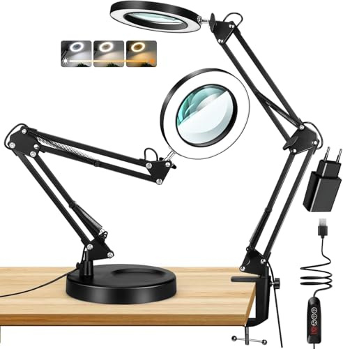 12-fache Lupe mit Licht und Ständer, beleuchtete Lupenlampe aus echtem Glas, 5 Farbmodi und stufenlose Dimmbarkeit, freihändige Schreibtischlampe zum Lesen, Malen, Basteln und für Naharbeiten