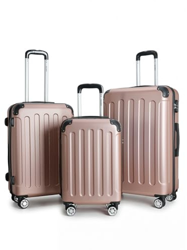 Boleedy 3tlg Kofferset, Trolley Koffer Reisekofferset, (55/66/76CM), Handgepäck Koffer, 360°drehbare Hartschalenkofferset, Leise Doppelräder&Teleskopgriff Gepäck (Roségold)