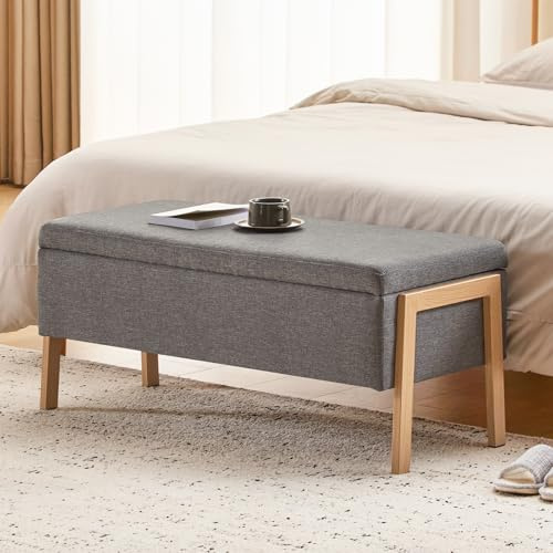 Ckaff Sitzbank mit Stauraum 98cm, Sitzbank mit Beinen, Rechteckig, Aufbewahrungsbox, bis 300 kg belastbar, Gepolstert, mit Stauraum, Schlafzimmer, Flur, Polsterhocker, Leinen, Grau