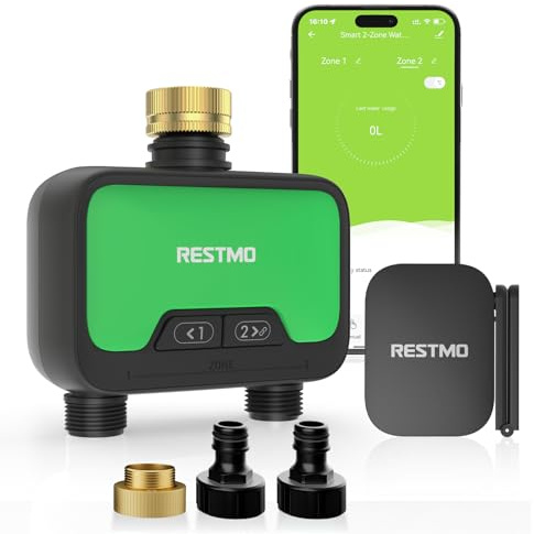 RESTMO Bewässerungscomputer WLAN, Bewässerungsuhr mit Durchflussmesser | 2 zone großes LCD-Display, RF Hub, getrennte Pläne pro Zone, automatische Bewässerungsuhr, App-Steuerung, für Garten & Rasen