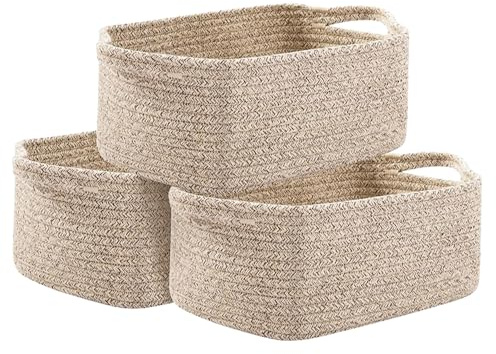 Jonuin Cotton Rope Storage Baskets, 3 Pack 32x22x14cm Storage Baskets for Shelves, Small Woven Storage Baskets for Organizing Towels, Empty Gift Basket for Shelves Bathroom Home Decor (Brown)