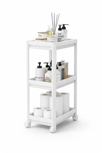 sugodesign Peggy 3-stöckiger Küchen- und Bad-Organizer mit Rollen, Kompakter Rollwagen für Badezimmer und Küche, 3 Regalböden, Werkzeuglose Montage (weiß)
