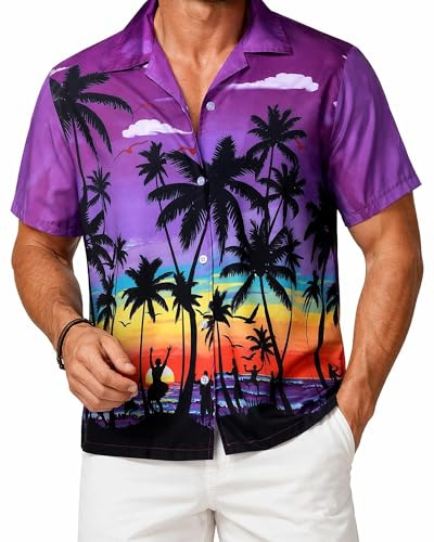 Amycute Men's Hawaiian Shirt Short Sleeve Button Down, Palm Tree Sunset Print Tropical Beach Shirt for Stag Do Festival Pub Holiday (UK, Alpha, XXL, Regular, Regular, Purple)