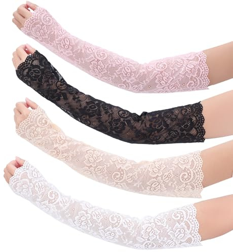 SULIKJHUI 4 Paar Armstulpen Spitze, Elegante Spitzenärmel Damen | Atmungsaktiv, Fingerlose Armstulpen, 46,5cm Länge, Schwarz, Rosa, Haut- & Weiß