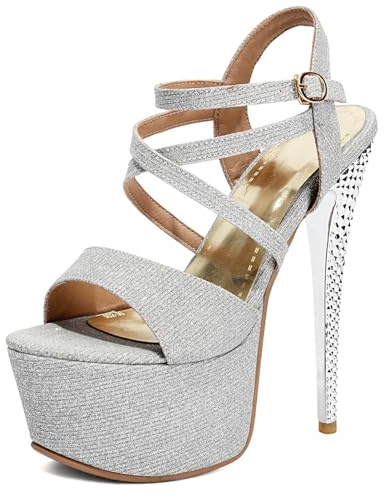 Eestfy Sandalias Tacón Brillo Plataforma Aguja Tiras Cruzadas Punta Abierta | Declaración de moda, fiestas baile, look glamuroso, forro PU, suela goma, tallas 34-47