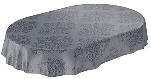 ANRO Wachstuchtischdecke Wachstuch Wachstischdecke Tischdecke abwaschbar Ranken Barock Arabeske Anthrazit Oval 140 x 180cm