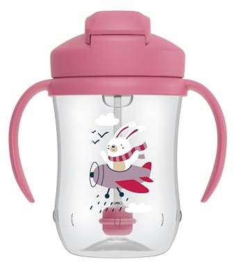 Dr. Brown’s Mi Primer Vaso con Pajita para Bebés +6 Meses 270 ml – Taza de Aprendizaje Antiderrames con con Asas y Pajita con Sistema para Beber desde Cualquier Ángulo – Sin BPA – Rosa Conejito