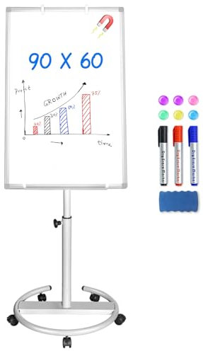 maxtek Flipchart Ständer, 90x60cm Flipcharts Whiteboard, Aluminiumrahmen Haken Verschieben Flipchart Papier, Magnetisch Beschreibbare Höhenverstellbar, Radierer, Markern und Magneten