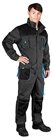 Leber&Hollman & Hollman Herren Overall LH-FMN-O, 65% Baumwolle, 35% Polyester, 270 g/m2, Hochkragen, 2-Wege-Reißverschluss und Klettverschluss, 14 Taschen, Kniepolstertaschen, Grau-Schwarz-Blau, 46