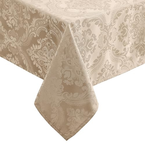 Elrene Home Fashions Caiden Elegance Damask Waterproof, Stain & Wrinkle Resistant Fabric Tablecloth, 60 x 144 Oblong/Rectangle, Taupe