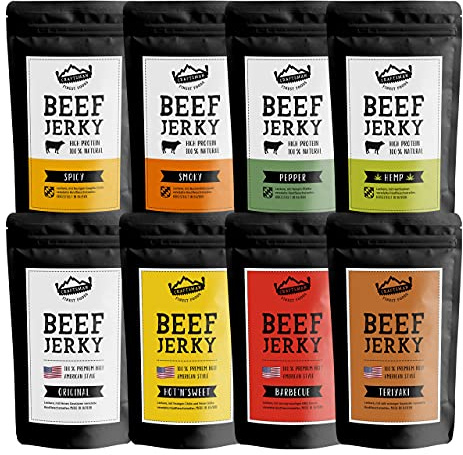 Craftsman Beef Jerky Superpack | Set 8x 50 g (400 g) Trockenfleisch Mix Set | Weiderind, Rindfleisch aus Bayern, Alle Sorten, Manufakturverfahren, Probierpack