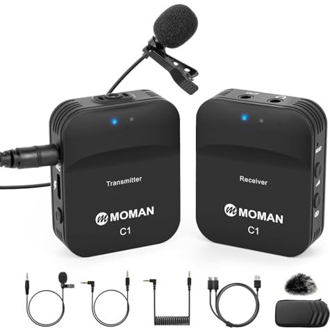 Moman Lavalier Funkmikrofon Camcorder Ansteckmikrofon Kabellos 2,4 GHz Funkmikrofon 70m Audioüberwachung Wireless Lapel Microphone für Canon Sony Kamera Handy Smartphone Laptop DSLR Camcorder C1