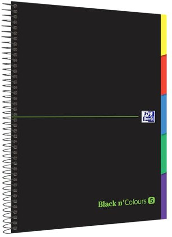 Oxford, Notizbuch, A4, kariert, 5 x 5, extra fester Einband, 100 mikroperforierte Blätter, 5 Registerkarten, Schwarz