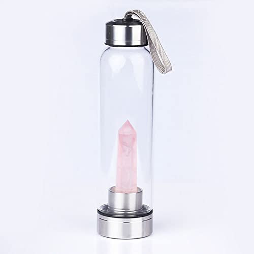 SAHKGYE Natural Pink Crystal Water Bottle Reusable Gem Glass Water Bottle with Rose Quartz Gemstone Wand Healing Elixir Point Crystal Obelisk Natural Quartz Crystal Infused Water Bottle