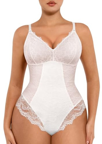 FeelinGirl Shapewear Damen Bauchweg Spitze Bodysuit V-Ausschnitt Shaping Unterwäsche Figurformende Überbrust Body Shaper Stringbody Schritt mit Haken Weiß XL