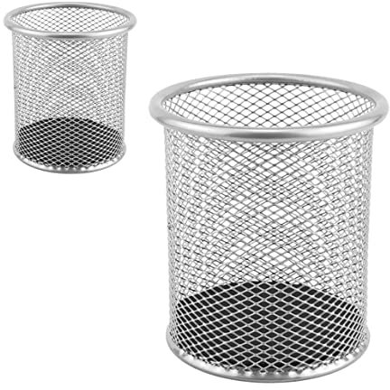 D.RECT - 2 Stück - Metall Stifteköcher | Stiftehalter rund aus Drahtmetall | Mesh Multifunktions Becher für Kugelschreiber Ø91 mm Silberfarben