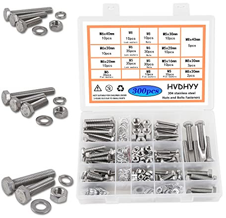 HVDHYY Schrauben und Mutter set M5 M6 M8 Sechskantschrauben DIN 933 A2-70 Edelstahl Gewindeschrauben Unterlegscheiben Nuts und Bolts 9 Größen mit Wiederverwendbaren Aufbewahrungsbox 300pcs