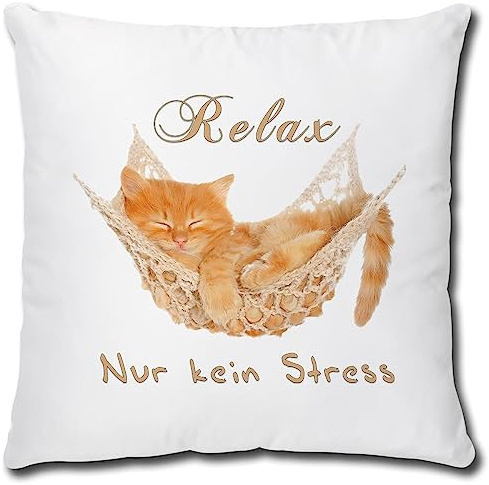 TRIOSK Kissen mit Katze Katzenmotiv Relax Spruch lustig Kein Stress Katzen Geschenk für Katzenliebhaber Frauen Freundin Dekokissen 40x40