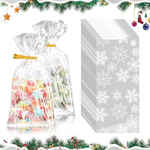 Cellophantüten Weihnachten 120 Stück, Kekstüten Weihnachten,Transparent Schneeflocken Kekstüten Mit 140 Stück Twist Krawatten, Tütchen für Süßigkeiten zum Füllen von Keksen, Nüssen, Pralinen