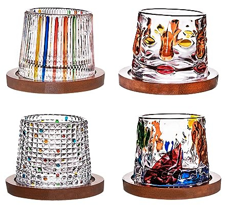 MEET- ORIGIN Lot de 4 verres à whisky colorés peints à la main en cristal avec dessous de verre (177 ml)