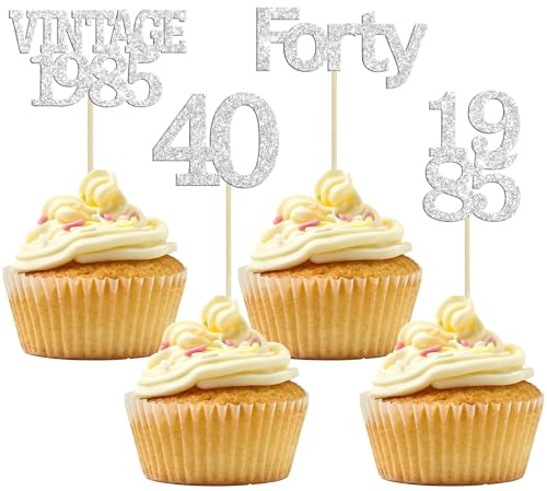 Gyufise 24Pcs 40th Birthday Cupcake Toppers Glitter Vintage 1985 Cake Toppers Cheers to 40 Fabulous Forty Cupcake Picks 40th Birthday Wedding Anniversary Party Cake Decorations Supplies Silver
