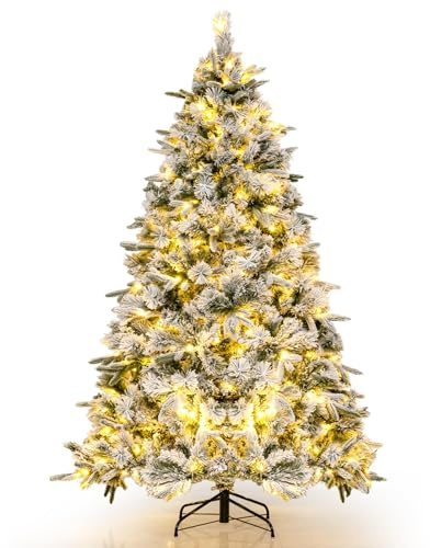 GYMAX Künstlicher Weihnachtsbaum 140 cm, Tannenbaum mit 384 PVC- & PE-Spitzen, Kunstbaum Christbaum mit Schnee & 150 LED-Leuchten, für Zuhause, Büro & Einkaufszentrum