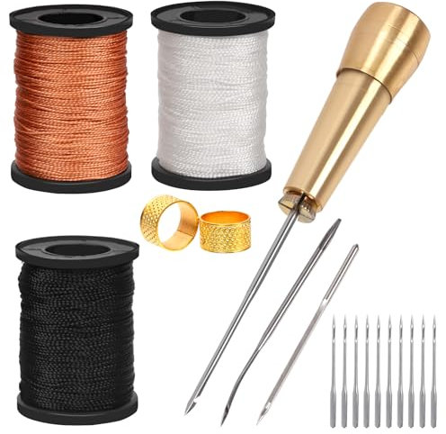 Mardatt Kit de 19 alênes à coudre pour cuir comprenant une aiguille en cuir avec poignée en cuivre, des outils de travail de couture du cuir avec plusieurs types d'aiguilles, du fil ciré et un dé à