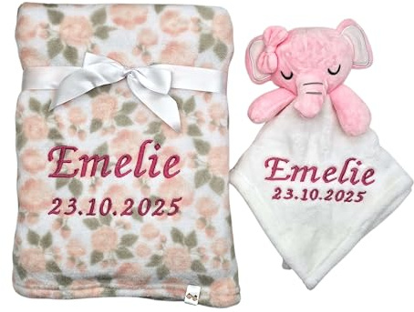 KIDDI-MEDIA Babydecke, Rosa Elefant Blumen, Bestickt | Inklusive Trösterchen, mit Name und Geburtsdatum, kuschelig weich