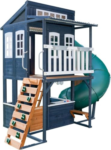 KidKraft Cozy Escape Spielturm Kinder Outdoor mit Rutsche und Kletterwand | Zweistöckiges Outdoor-Klettergerüst aus Holz mit 3,6 m Tunnelrutsche und Spielküche, schnell im Garten aufgebaut - Marineblau