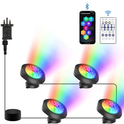 NATPOW Pond Lights, RGB Underwater Landscape Lights Mains Powered, Aquarium Lighs with Bluetooth APP Control, IP68 Waterproof Submersible Landscape Lighting for Garden, Pool, Fountain(4 in 1)