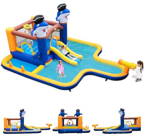 GOPLUS Castillo Inflable 7 en 1 con Piscina, Tobogán, Juego de Boxeo, Cañón de Agua, Trampolín y Piscina para Niños 3-10 Años (Carga: 45+45KG, sin soplador)