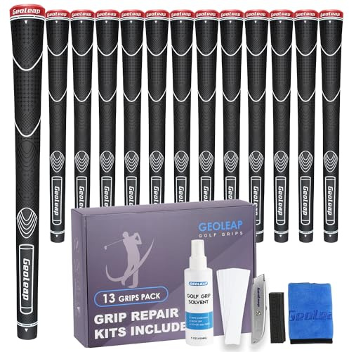 Geoleap Gummi-Golfgriff-Set – rutschfest, stoßdämpfend mit Daumenmuster-Design, Allwetter-Leistung, weiches Gummi, schwarz, Standard (13 Griffe mit Reparatur-Sets)