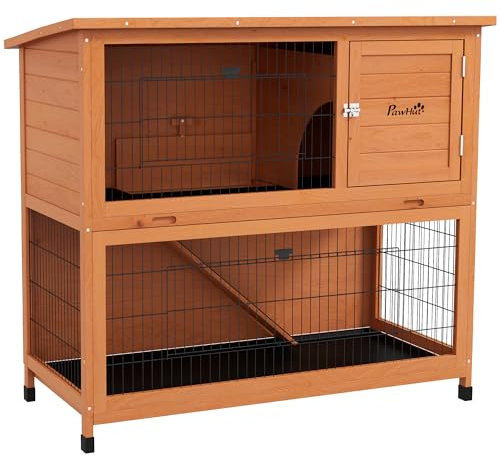 PawHut Kaninchenstall aus Holz 2-stöckiger Kleintierstall Kleintierkäfig mit Paletten, Rampe Kleintierhaus mit Außengehege Asphaltdach für 2 Kaninchen Orange 123 x 63 x 112 cm
