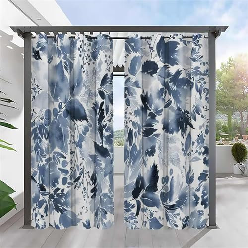 SYHIEGO Vorhang Outdoor Blatt Vorhänge Wasserdicht Grau Blau 2er Set Outdoor Vorhang mit Ösen Wetterfest Vorhang Pavillon Outdoor Gardinen für Balkon Terrasse,213x244cm