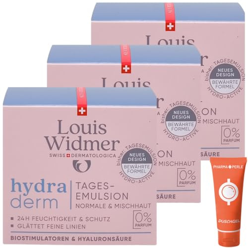 Louis Widmer hydraderm Tagesemulsion unparfümiert 3x 50 ml I für normale & Mischhaut I Anti-Ageing Tagespflege I intensive Feuchtigkeit I Hyaluronsäure I Spar-Set plus Pharma Perle give-away
